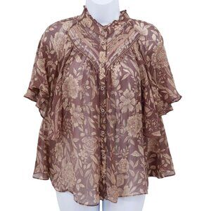 Kimchi & Blue Silk Top Womens M Brown Vintage-Inspired Romantic Boho Cottagecore